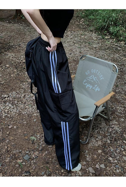 Women Casual Baggy Stripe Cargo Pants Solid Low Waist Joggers Pants Drawstring Wide Leg Baggy Trousers Y2K Streetwear Sweatpants