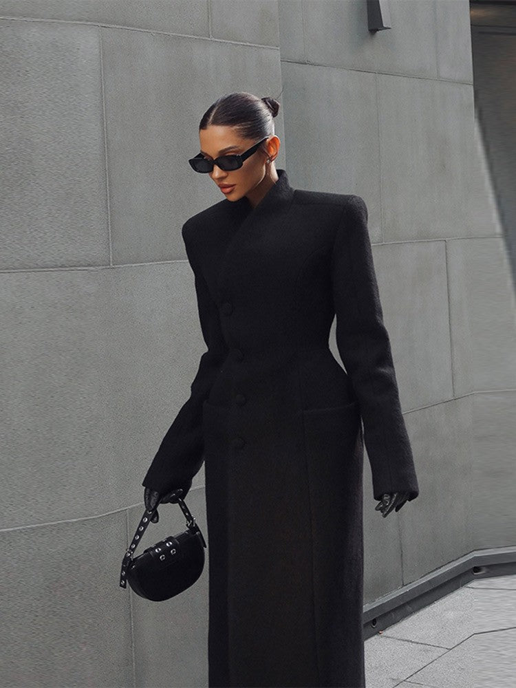 Black Tailored Long Coat Women Elegant Asymmetric Button Front Pockets Full Sleeve Criss-cross Neck Jacket 2025 Casual Outerwear