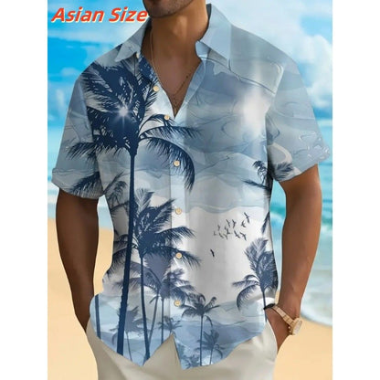 Ocean Beach Pattern Lapel Shirt For Men Coconut Tree 3D Printed Hawaiian Shirts Fashion Short Sleeve Tops Harajuku Button Blouse