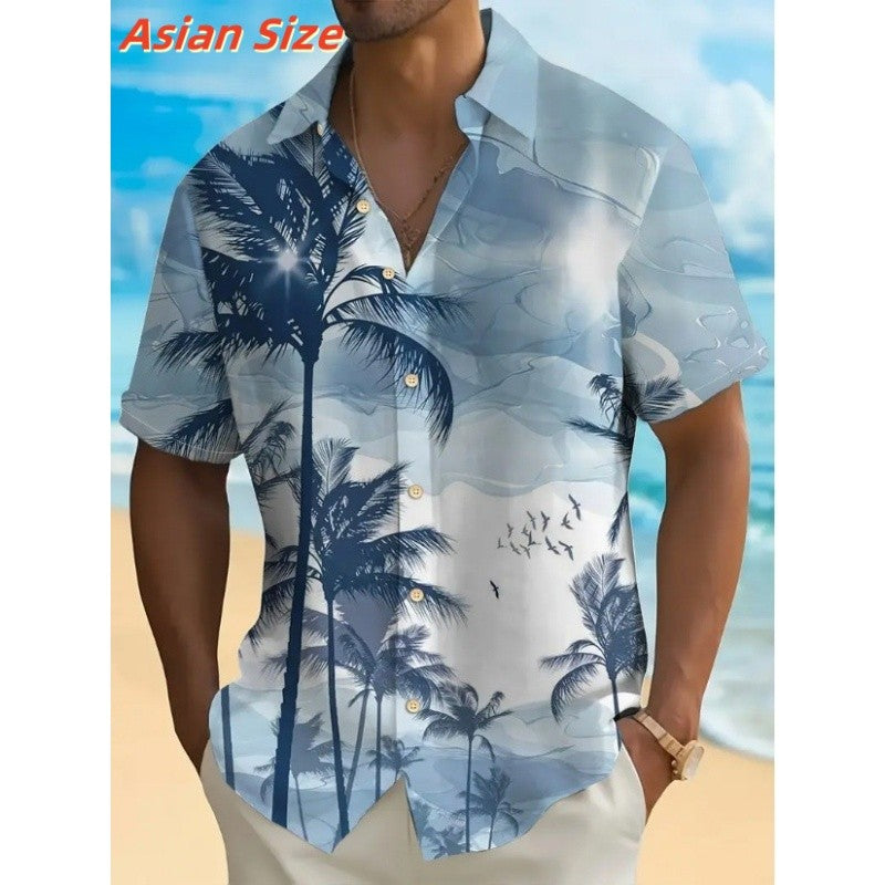 Ocean Beach Pattern Lapel Shirt For Men Coconut Tree 3D Printed Hawaiian Shirts Fashion Short Sleeve Tops Harajuku Button Blouse