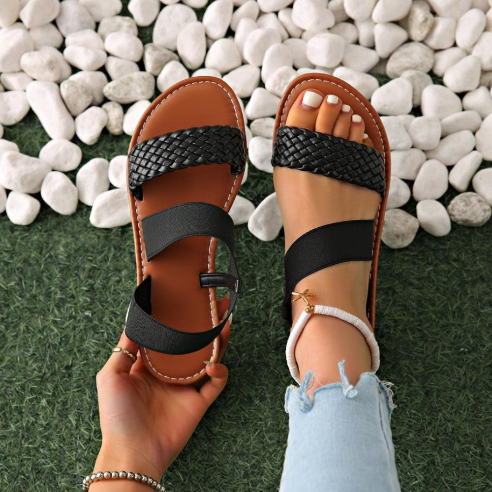 Summer Ladies Outdoor Sandals Fashion Round Headed Solid Color Weave Flat Shoes Casual Comfortable Women's Sandal