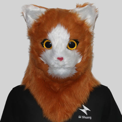 Movable Mouth Cat Head Mask Animal Latex Cute Helmet  Artificial Fur for Halloween Costumes Party Props Adult Size