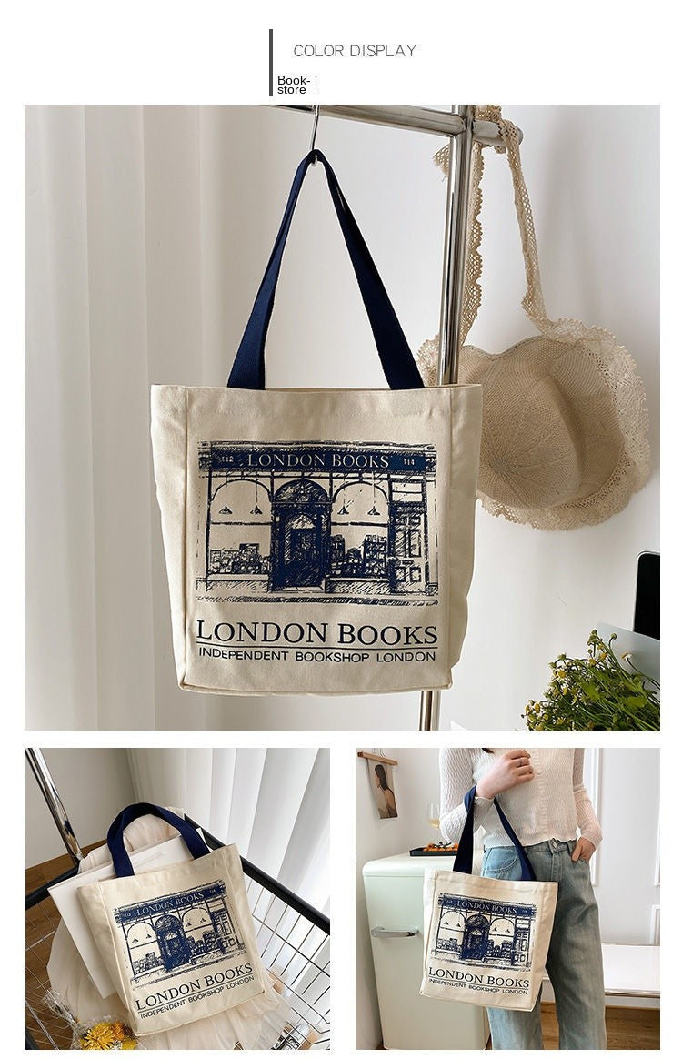 Canvas Women Handbags Shoulder Underarm Bag London Books Print Handbag Large Capacity Ladies Shopping Tote Bag Student Book Bags