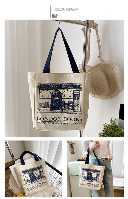 Canvas Women Handbags Shoulder Underarm Bag London Books Print Handbag Large Capacity Ladies Shopping Tote Bag Student Book Bags