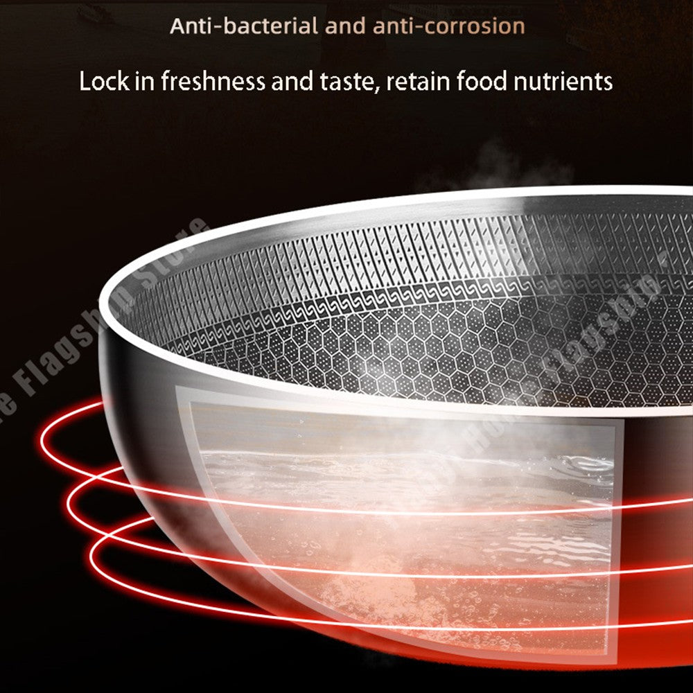 Panela Wok de Aço Inoxidável 316 Antiaderente Favo de Mel para Cozinhar Bife Fogão a Gás Panela de Indução Geral Utensílio de Cozinha