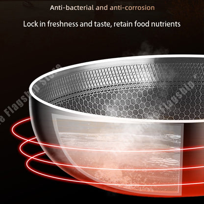 Panela Wok de Aço Inoxidável 316 Antiaderente Favo de Mel para Cozinhar Bife Fogão a Gás Panela de Indução Geral Utensílio de Cozinha