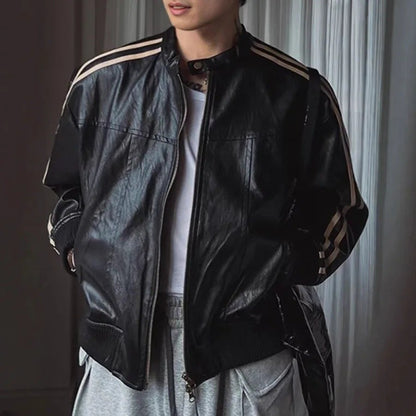 Loose Fit Men's Biker Leather Jacket Stripe Patchwork Stand Collar Casual Outerwear Façade Mixed Material Chinese Production