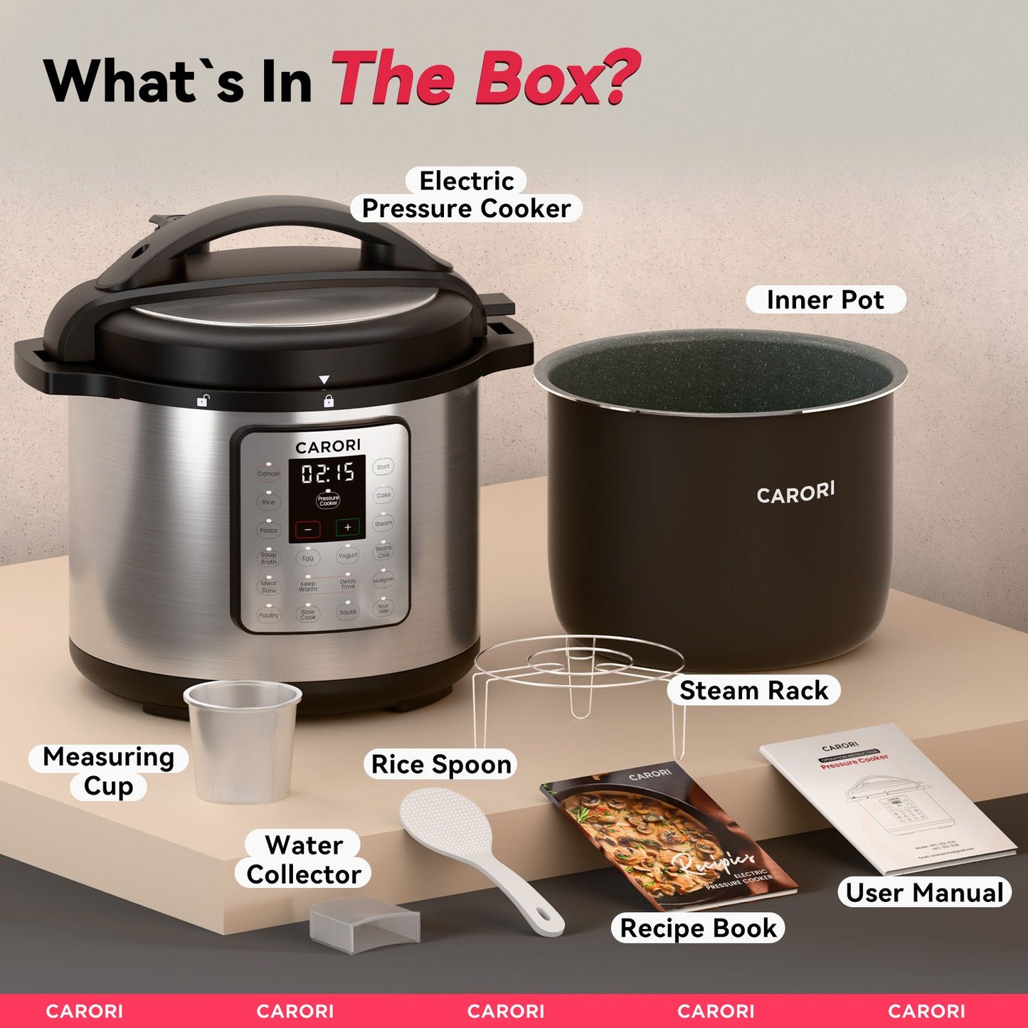 CARORI 1200W 12-in-1 Electric Pressure Cooker 8Qt, Stainless Steel Pressure Cooker, Slow Cook Rice Cooker Steamer Sauté, Yogurt