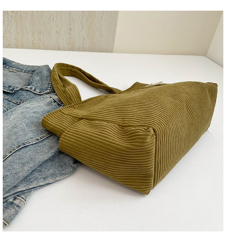 Casual Corduroy Handbag with Zipper Closure Light and Large Capacity Fixed Shoulder Strap Solid Color Daily Commuter Handbag
