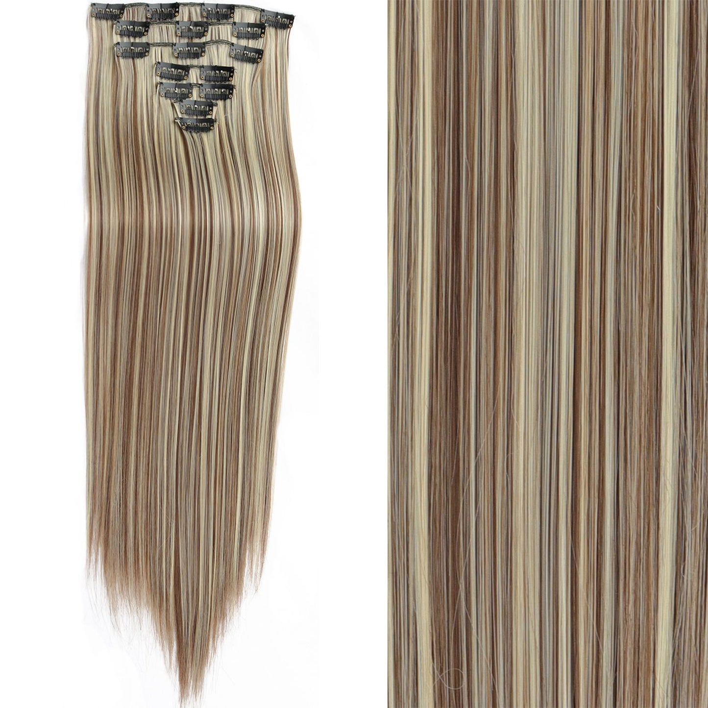 7 peças/conjunto de aplique de cabelo com 16 grampos, preto, longo e liso, cabelo natural, aplique de cabelo ombre, fibra resistente ao calor para penteado feminino