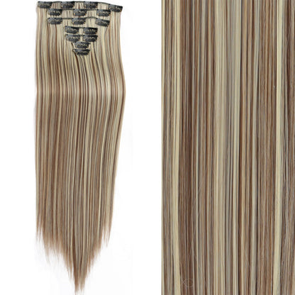 7 peças/conjunto de aplique de cabelo com 16 grampos, preto, longo e liso, cabelo natural, aplique de cabelo ombre, fibra resistente ao calor para penteado feminino