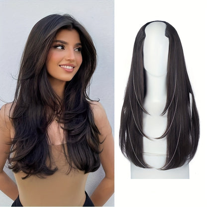 Apliques de Cabelo Sintético Liso Comprido de 22 Polegadas com Grampo em Formato de V Resistente ao Calor Acessórios para Cabelo