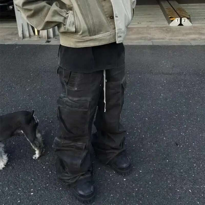 PFNW High Street Drawstring Zipper Sliced Wide Leg Cargo Pants Msn's Casual Loose Straight Trousers Loose Denim Pants 28W5963