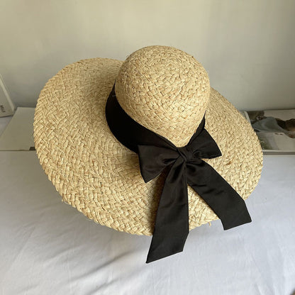 Chapéu de palha Raffite com aba grande para Jazz, chapéu de praia retrô inglês versátil para mulheres com proteção solar, estilo Hepburn, chapéu de senhora francesa
