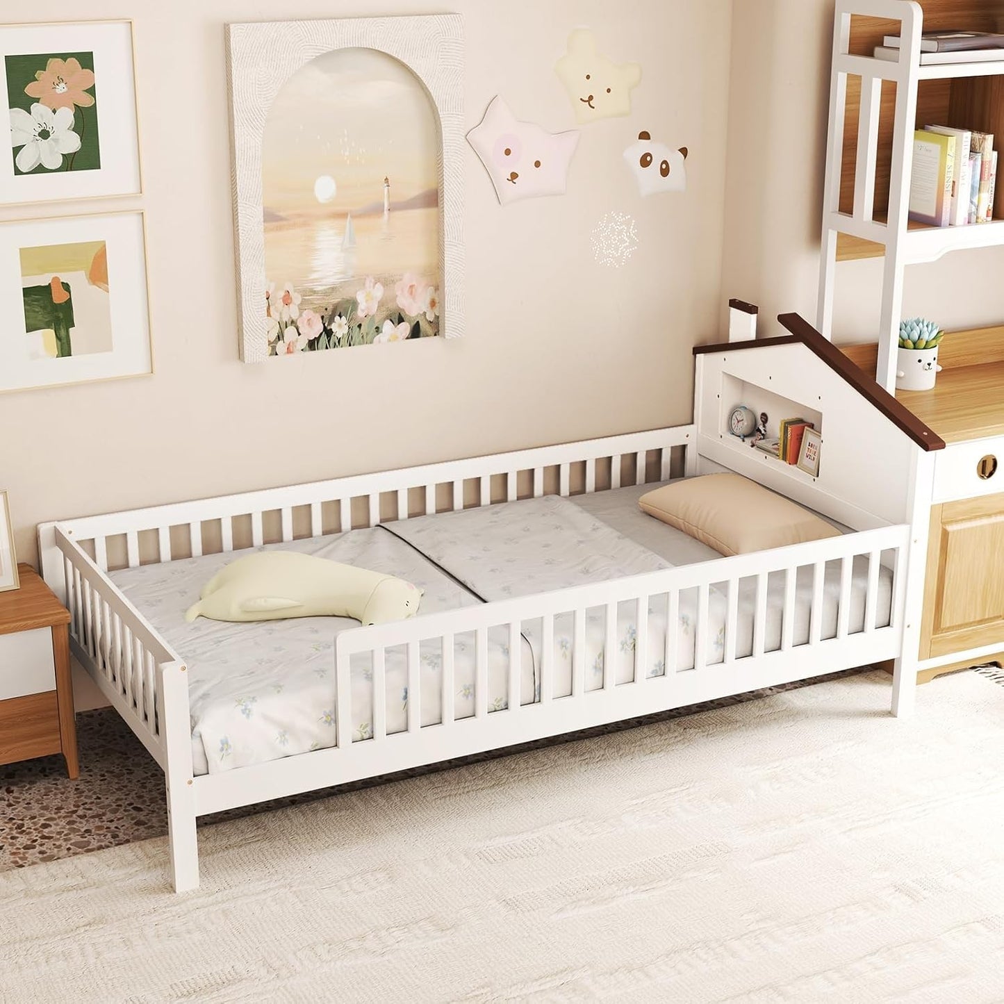 Twin Kids Bed Frame, Solid Wood Montessori Bed with Guardrails & House-Shaped Headboard, Built-in Storage Shelf, No Box