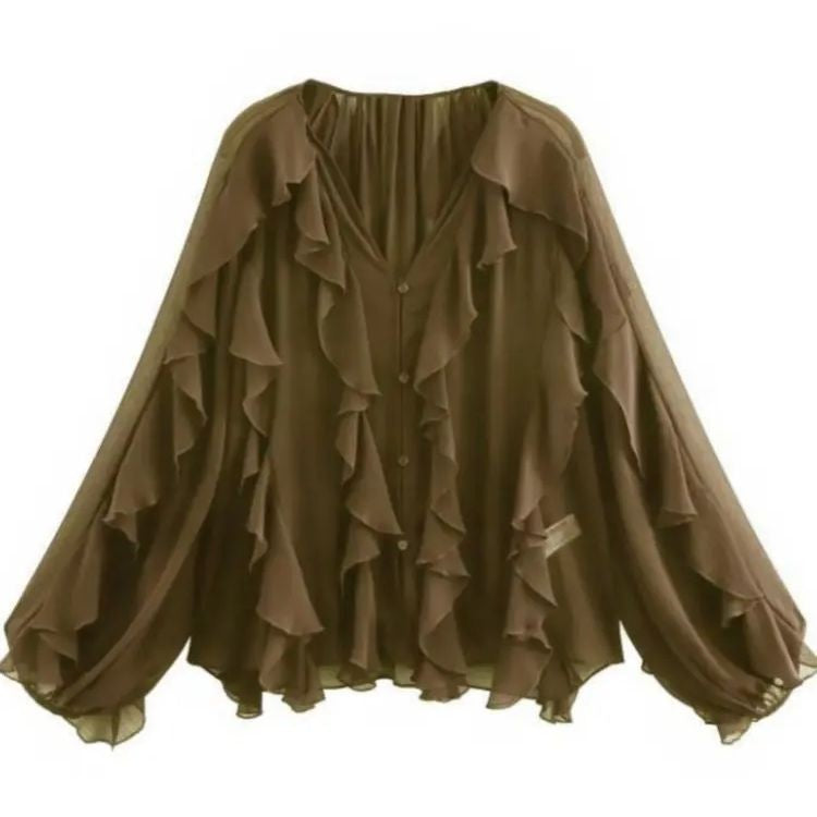 2025 Summer Chic Women's Elegant Loose Long Sleeve Layered Shirts Office Lady Vintage V-neck Translucent Tierred Ruffles Blouses