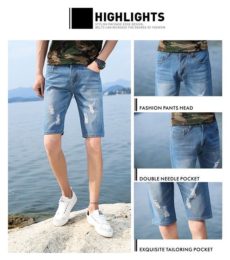 New Summer Men's Personalized Washable Perforated Denim Short Pants Male Casual Straight Short Jeans