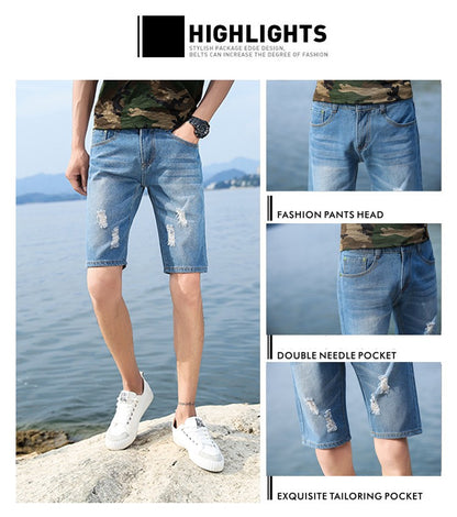 New Summer Men's Personalized Washable Perforated Denim Short Pants Male Casual Straight Short Jeans