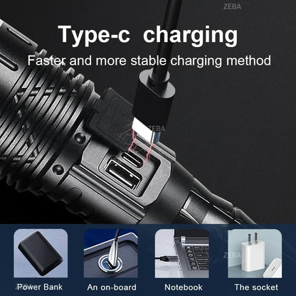 10000mAh High Power LED Flashlight Long Range 5000M Rechargeable Tactical Torch Ultra Powerful Outdoor Hand Lamp Camping Lantern
