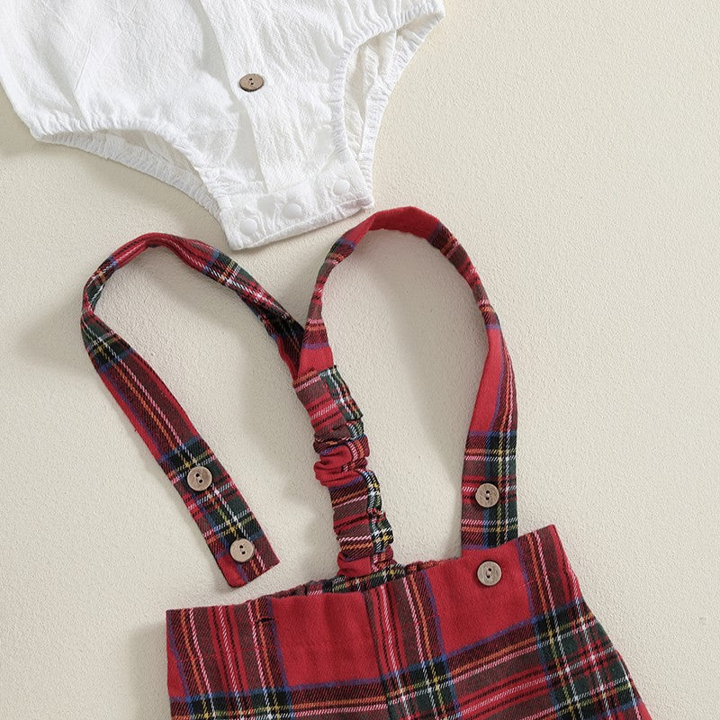 Baby Boy Gentleman Outfits Long Sleeve Lapel Romper + Plaid Suspender Pants + Bow Tie 3Pcs Sets Newborn Toddler Christmas Formal