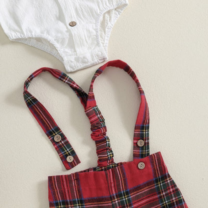 Baby Boy Gentleman Outfits Long Sleeve Lapel Romper + Plaid Suspender Pants + Bow Tie 3Pcs Sets Newborn Toddler Christmas Formal
