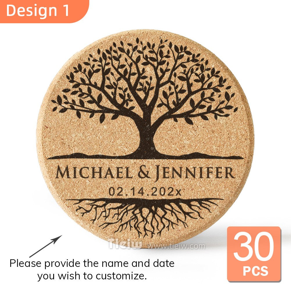 30pcs Personalized Cork Coasters-Tieiw Design-Wedding Favor for Guests Party Bridal Shower Corporate Engraved Coaster Gifts Bulk