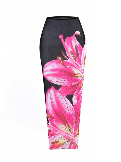 2025 New Flower Print Bikini Set Women's High Waist Long Skirt 3 Piece Swimsuit Sexy Mini Triangle Backless Thong Bathing Suit