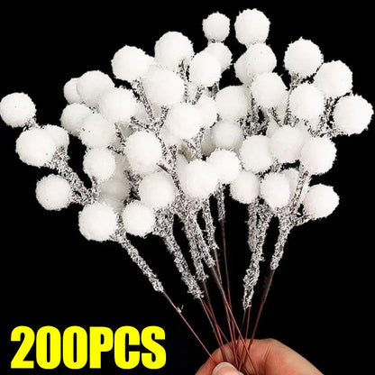 5/200pcs Artificial White Berry Stem Frosted Christmas Berries Branch Snow Tipped Stems Twigs Wreath Xmas Tree Fillers Ornament