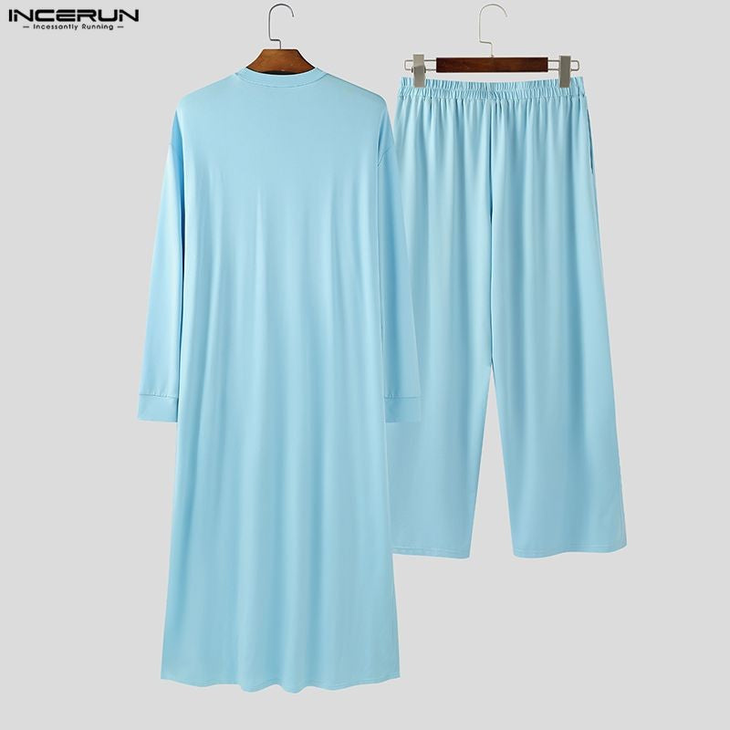 INCERUN Men Sets Solid Color Long Sleeve Long Style T Shirt & Pants Two Pieces Sets Loose Streetwear Fashion Casual Men Suits