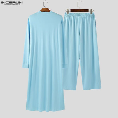 INCERUN Men Sets Solid Color Long Sleeve Long Style T Shirt & Pants Two Pieces Sets Loose Streetwear Fashion Casual Men Suits