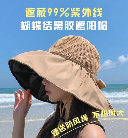 Summer Sun hat women's straw woven anti ultraviolet sun visor hat with big brim seaside black glue breathable Bucket hat sun hat