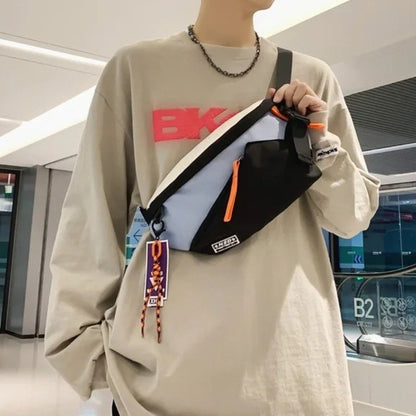 Couple style color blocked large capacity fashionable single shoulder crossbody bag, casual sports chest bag waist bag