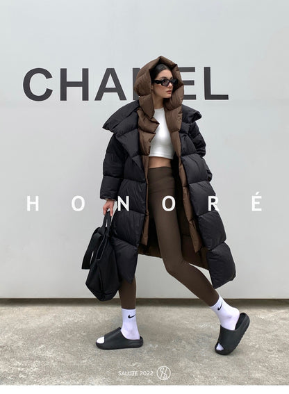 Janveny Fluffy White Duck Down Jacket Women Winter Thickness Warm Long Puffer Coat Hooded Female Fashion Fake Two-piece Parkas