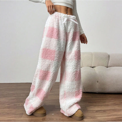 Christmas Elastic Waist Long Pants Women Trousers Wide leg Casual Female Belt Plaid Loose Ankle-Length Home Pants 2YK Pajama