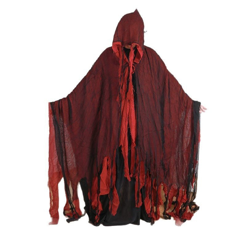 Horror Grim Reaper Cosplay Set Fringed Worn Hooded Cloak Disassemble Skull Scythe Prop For Halloween Party Dress Up