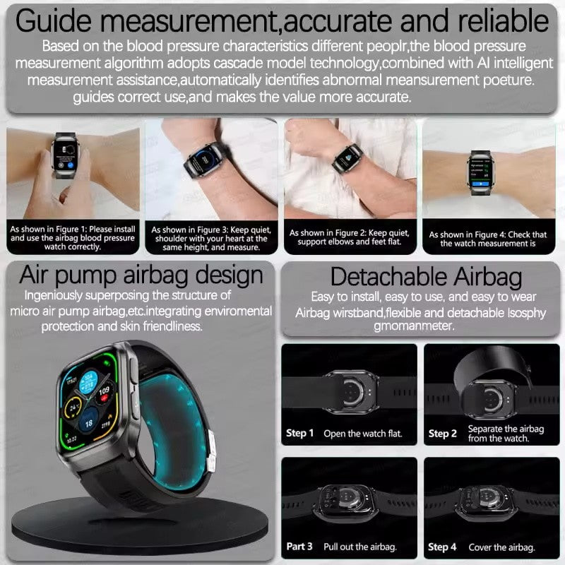 2025 Novo Smartwatch de Enfermagem de Grau Médico Air Bag para Homens, Gordura Sanguínea, ECG+PPG, Pressão Arterial, Transmissão, NFC, Chamada BT HD, Smartwatch de Saúde para Mulheres