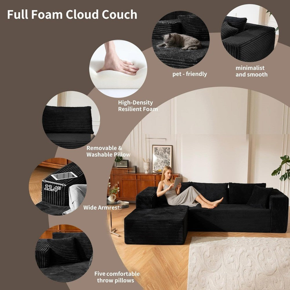 110” No Assembly Compression Boneless in a Box Cloud Sectional Couches for Living Room L-Shape Sleeper Sofa, Modern Modular Cord