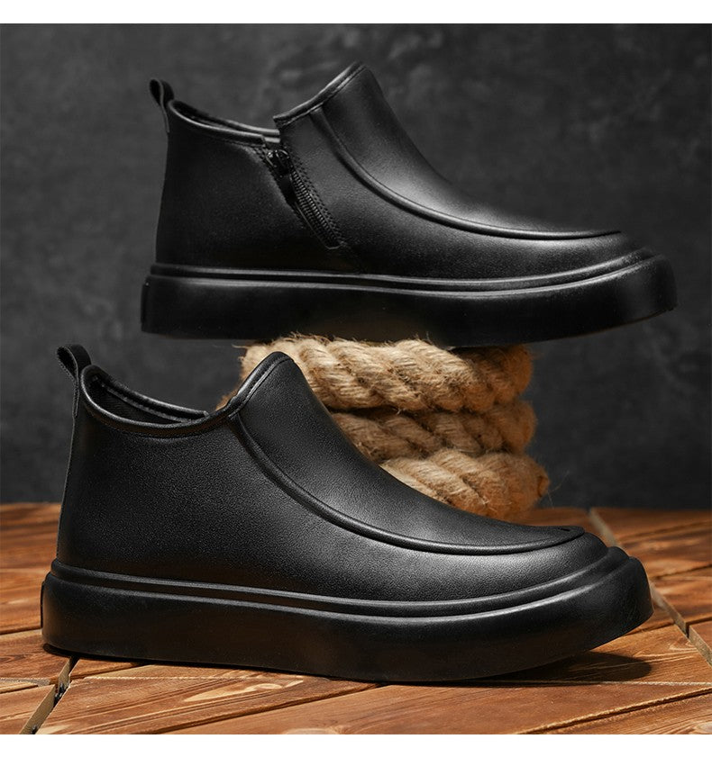 2025 Autumn New Leather Short Boots, Mid-calf Zipper Casual Outdoor Shoes, Anti-slip and Wear-resistant Men's Work Boots