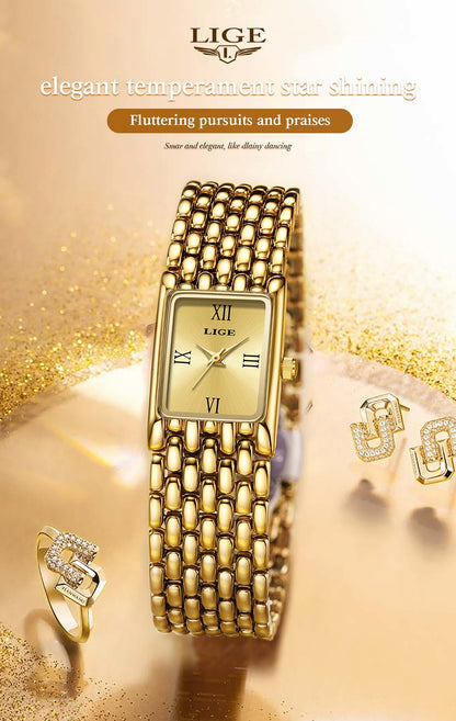 LIGE Silver Watch for Women Square Ladies Quartz Wristwatches Stainless Steel Women Small Gold Watch Luxury Casual Fashion Watch