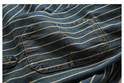 American Retro Workwear Long Sve Denim irt Loose Casual Striped ket irt Youth Trend Autumn Wear Iron Free