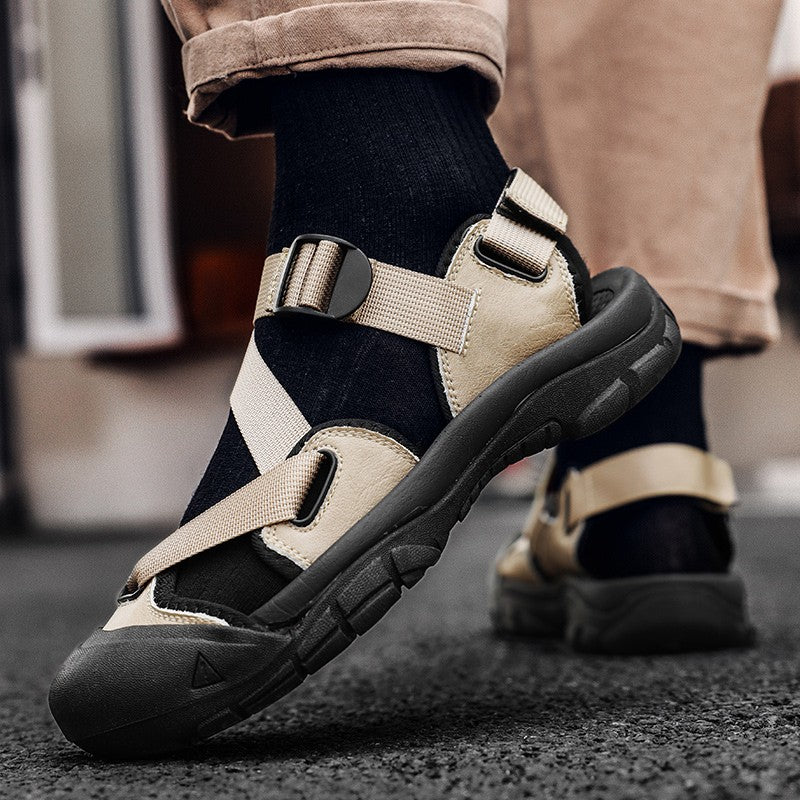 Sandals for Men's Summer New Cowhide Casual Beach Shoes, Genuine Leather for Men's Anti Slip Middle-aged Sandals and Slippers