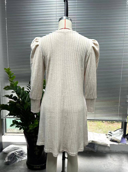 Y2K autumn and winter women's crew neck solid color sweater bubble sleeve fashion commuter dress comfortable casual loose dress