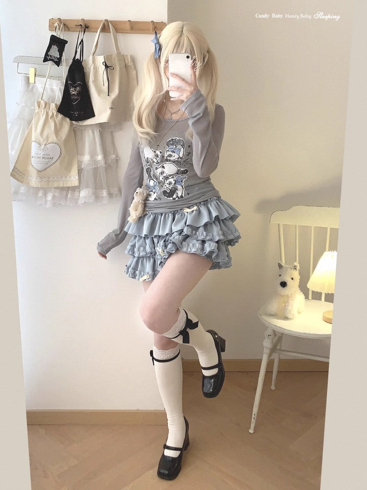 Y2K Sweet Ruffles Mini Skirt Women Kawaii Lolita Bow A Line Skirts Harajuku Japanese Cute High Waist Pink Blue Cake Skirt