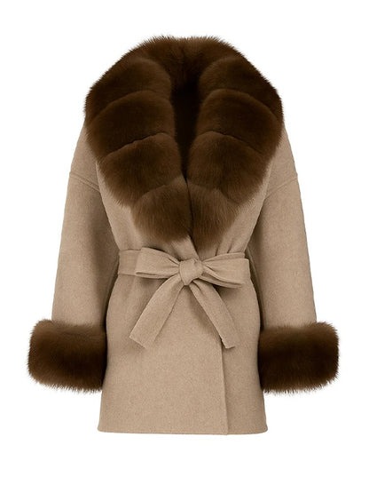 Elegant Fur Collar Woolen Coat Women Contrast Full Sleeve Turn-down Collar Loose Lace Up Coats Female 2025 Autumn Lady Outwears