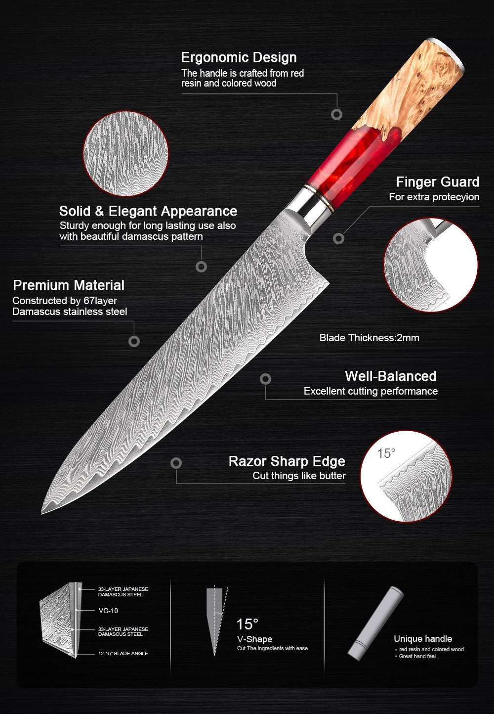 XITUO Conjunto de Facas de Cozinha de Aço Damasco de 1 a 9 Peças Inclui Faca do Chefe, Faca de Pão, Cutelo, Faca Santoku, Faca Nakiri para Desossar
