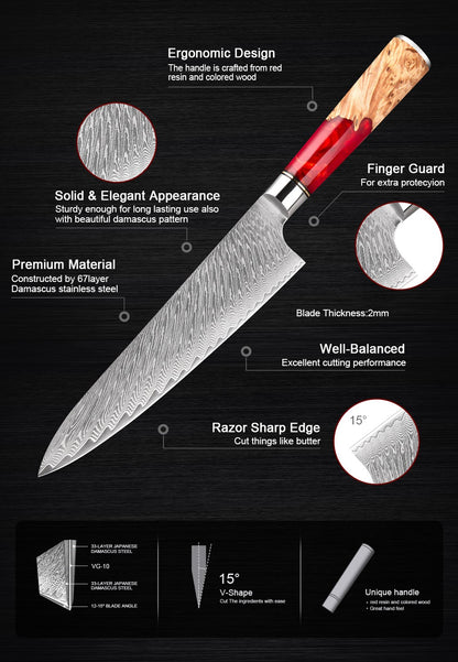 XITUO Conjunto de Facas de Cozinha de Aço Damasco de 1 a 9 Peças Inclui Faca do Chefe, Faca de Pão, Cutelo, Faca Santoku, Faca Nakiri para Desossar
