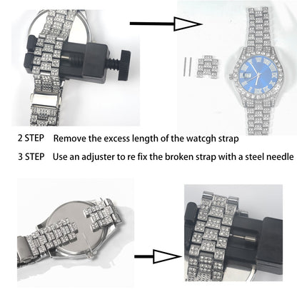 Hip-hop Punk Quartz Watch Stylish Full Diamonds Watch 2 Styles to Choose Bundled Size Adjuster Men Women Party Jewelry Gift Box