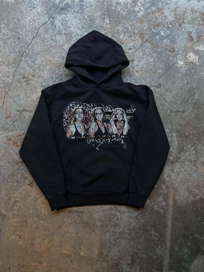 Gothic Punk Y2K Harajuku Graphic Hoodie Men American Retro Gray Casual Oversized Sweatshirt Hip Hop Trendy New Streetwear Women