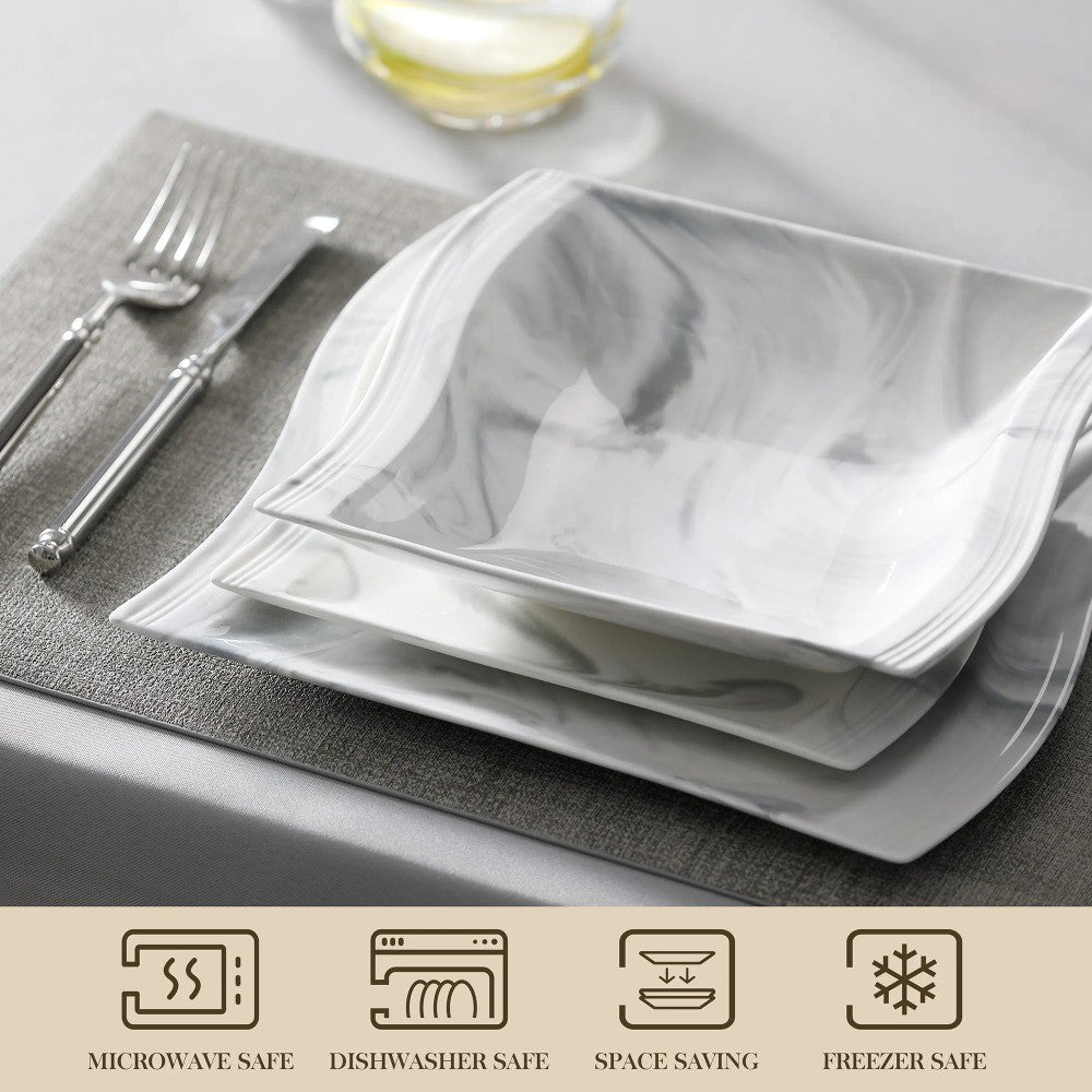 MALACASA FLORA 30PCS Marble Porcelain Dinnerware Set with 6 Piece Dinner Plate Dessert Plate Soup Plate Cups &Saucers