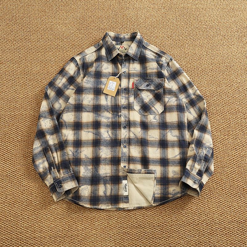Autumn New Japanese Retro Long-Sleeve Lapel Plaid Cargo Shirt Men's Simple 100% Cotton Washed Pocket Casual Blouses Thin Coat